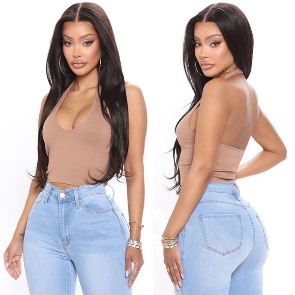Haley Halter Ribbed Crop Top - Khaki - Picture 1 of 6